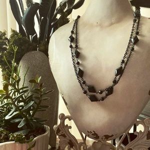 Vintage Extra Long Black Necklace with Diamond Shaped Beads